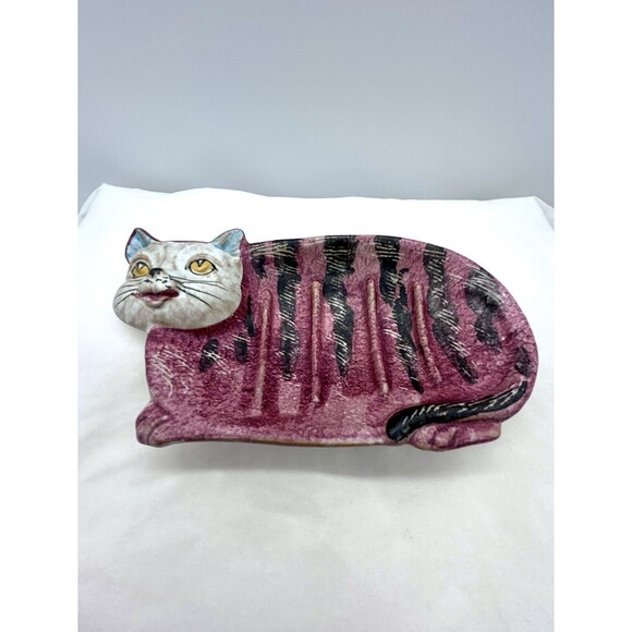 Hand‎ Painted Cat Soap Dish 7 1/2" Made in Italy GAR350G - Picture 1 of 7